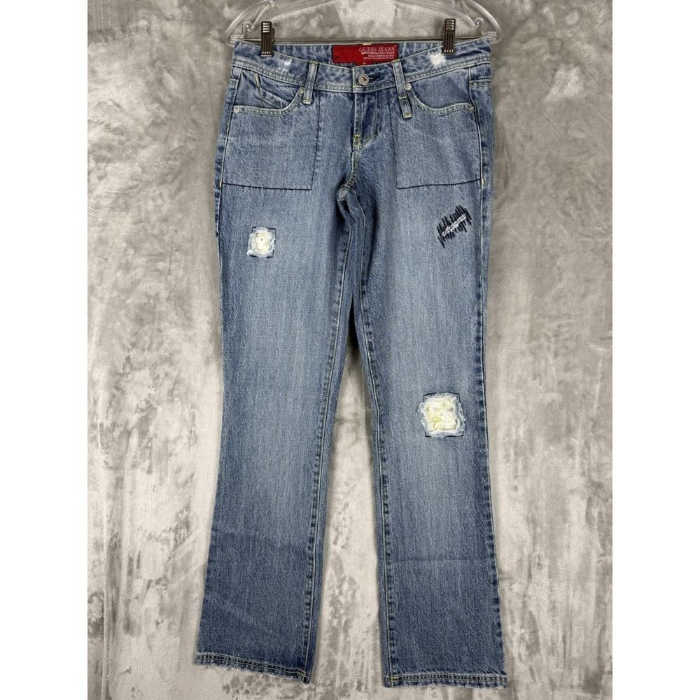 Y2K GUESS JEANS Men's Blue Denim Bootcut Distressed Patched Jeans Size 26
